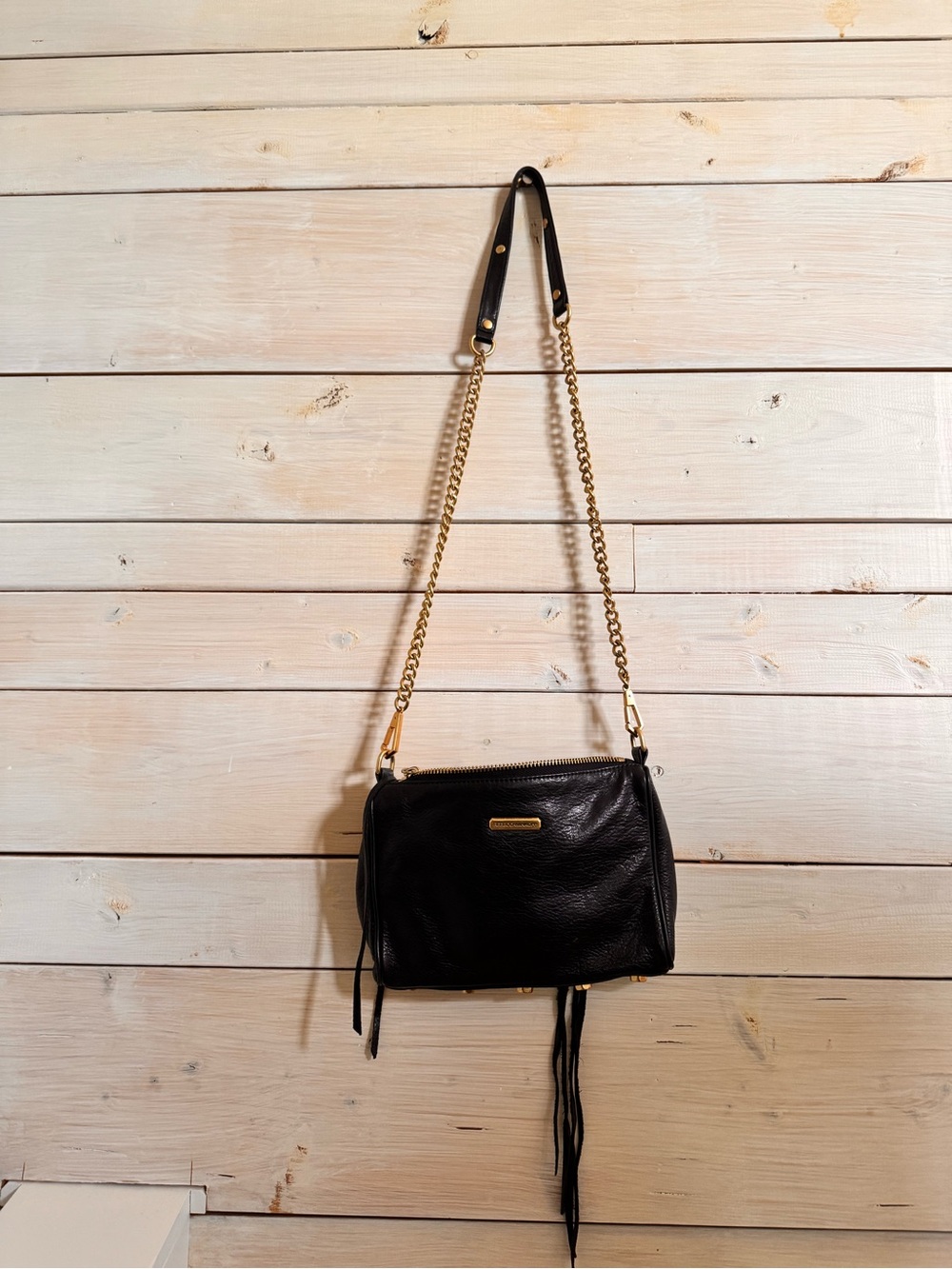 Rebecca Minkoff Black Leather Crossbody Bag with Gold Chain Strap